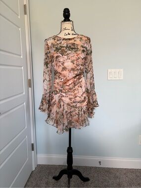 Aura Peach Floral Ruffled Long Sleeve Dress